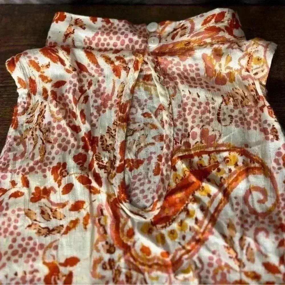 Cynthia Rowley Paisley Boho Mock Neck Smocked Waist Top in Cream/Orange, XS. NWT - Picture 6 of 9